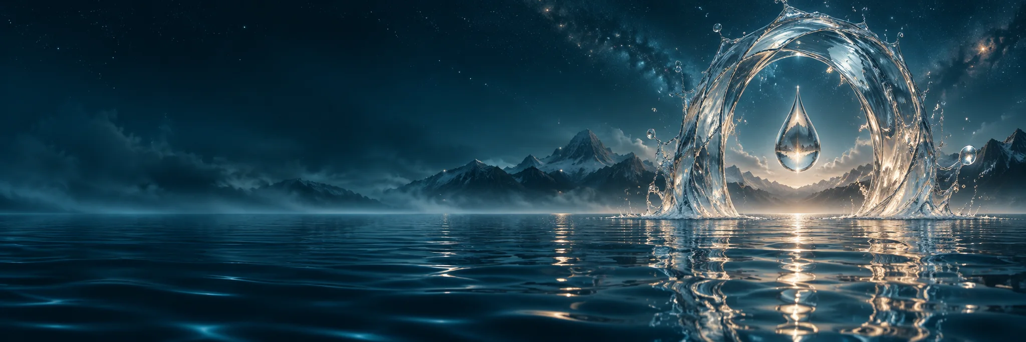 星明かりが映る静かな湖と、水でできた光のアーチ